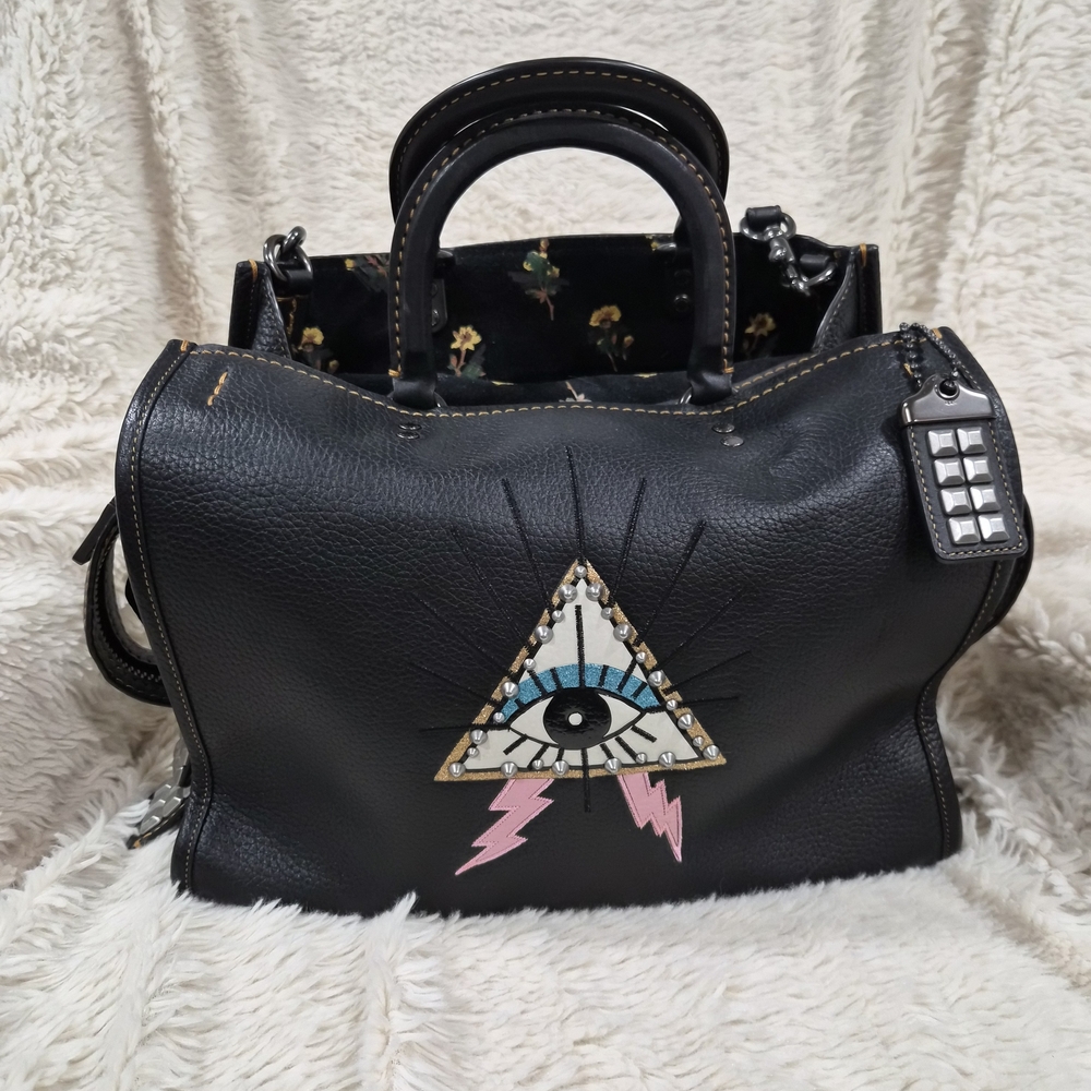 Coach Rogue Black Embellished Pyramid  Eye Motif Rogue 30 Leather Satchel